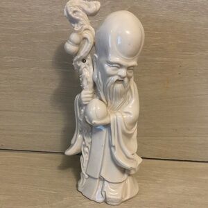 Sau Shou Chinese God of Longevity 7” White Porcelain Holding Staff Peach